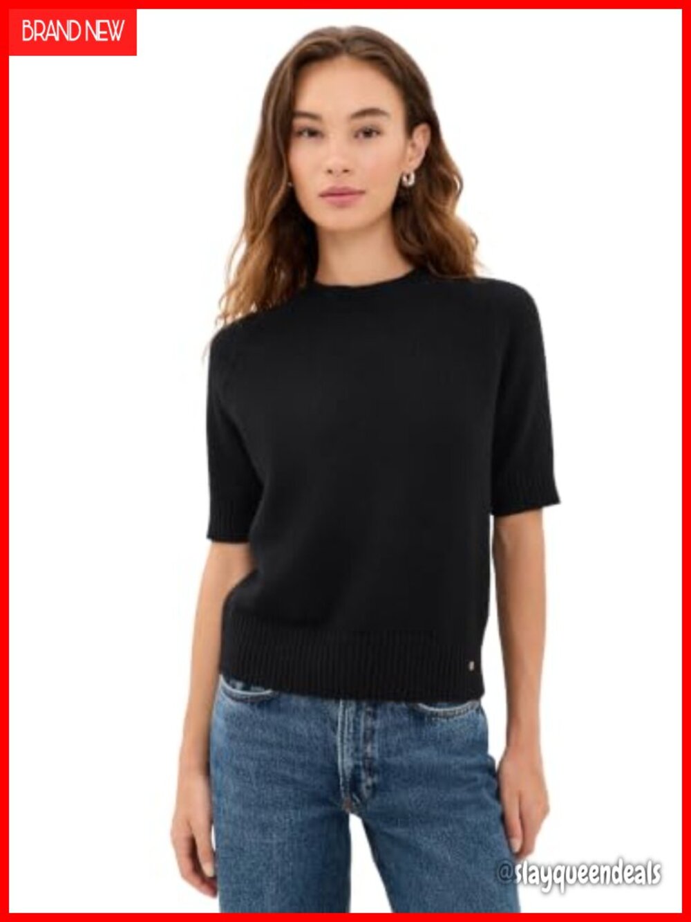 Women's Cashmere Crew Neck Short Sleeve Sweater Logo Hem